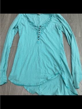 We The Free Aqua Long Sleeve Henley with Lace Trim